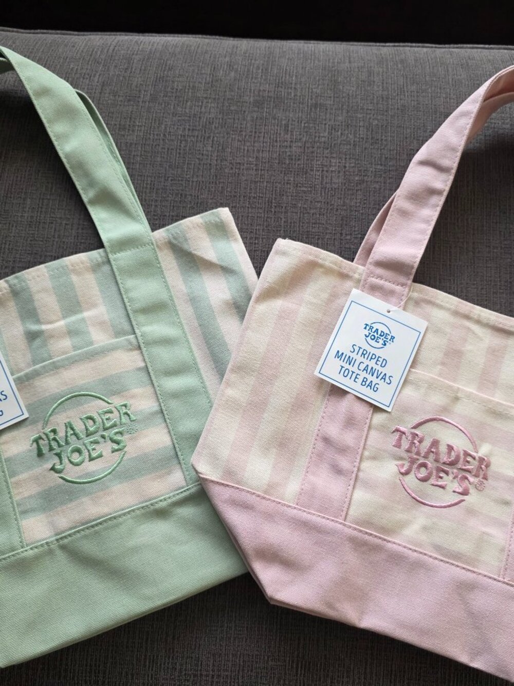 Trader Joe's 2 NEW MINIs- Pastel Pink/Cream AND Mint Striped Canvas Totes- NWT!